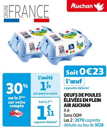 Promotions Oeufs de poules élevées en plein air auchan - Produit Maison - Auchan Ronq - Valide de 16/04/2024 à 22/04/2024 chez Auchan Ronq