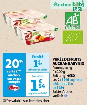 Promotions Purée de fruits auchan baby bio - Produit Maison - Auchan Ronq - Valide de 16/04/2024 à 22/04/2024 chez Auchan Ronq