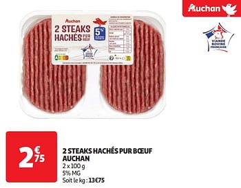 Promoties 2 steaks hachés pur boeuf auchan - Huismerk - Auchan - Geldig van 16/04/2024 tot 21/04/2024 bij Auchan
