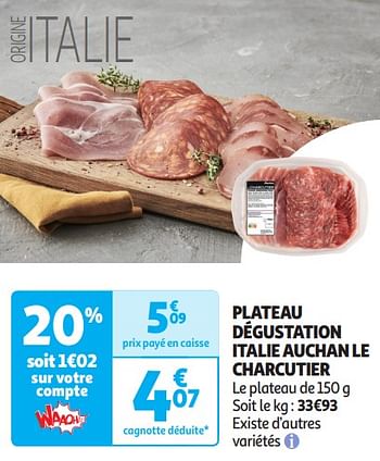 Promoties Plateau dégustation italie auchan le charcutier - Huismerk - Auchan - Geldig van 16/04/2024 tot 21/04/2024 bij Auchan