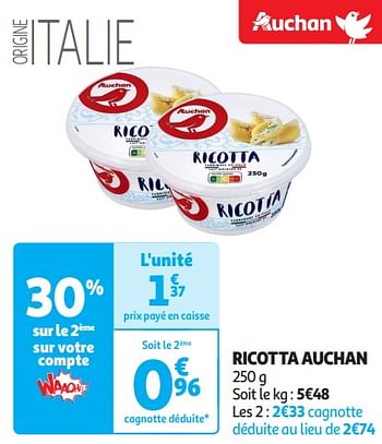 Promoties Ricotta auchan - Huismerk - Auchan - Geldig van 16/04/2024 tot 21/04/2024 bij Auchan