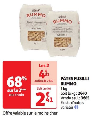 Promoties Pâtes fusilli rummo - Rummo - Geldig van 16/04/2024 tot 21/04/2024 bij Auchan