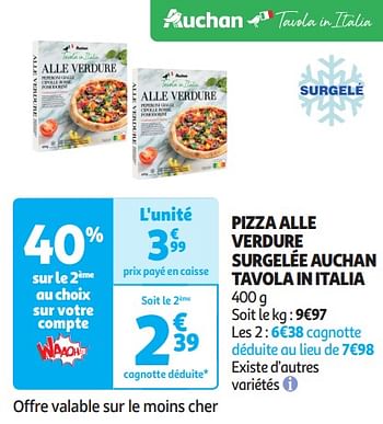 Promoties Pizza alle verdure surgelée auchan tavola in italia - Huismerk - Auchan - Geldig van 16/04/2024 tot 21/04/2024 bij Auchan