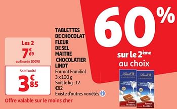 Promoties Tablettes de chocolat fleur de sel maitre chocolatier lindt - Lindt - Geldig van 16/04/2024 tot 21/04/2024 bij Auchan