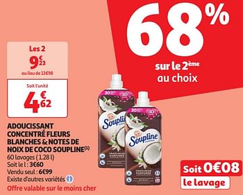 Promoties Adoucissant concentré fleurs blanches + notes de noix de coco soupline - Soupline - Geldig van 16/04/2024 tot 21/04/2024 bij Auchan