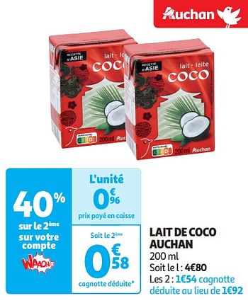 Promoties Lait de coco auchan - Huismerk - Auchan - Geldig van 16/04/2024 tot 21/04/2024 bij Auchan