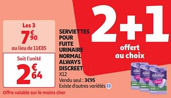Promoties Serviettes pour fuite urinaire normal always discreet - Always - Geldig van 16/04/2024 tot 21/04/2024 bij Auchan