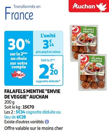 Promoties Falafels menthe envie de veggie auchan - Huismerk - Auchan - Geldig van 16/04/2024 tot 21/04/2024 bij Auchan