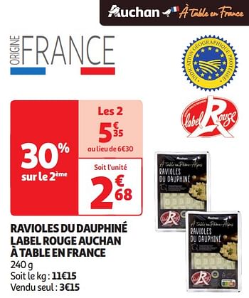 Promoties Ravioles du dauphiné label rouge auchan à table en france - Huismerk - Auchan - Geldig van 16/04/2024 tot 21/04/2024 bij Auchan