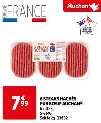Promoties 6 steaks hachés pur boeuf auchan - Huismerk - Auchan - Geldig van 16/04/2024 tot 22/04/2024 bij Auchan