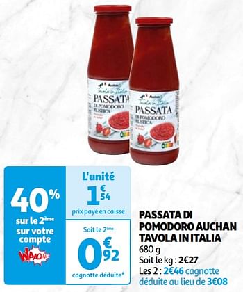 Promoties Passata di pomodoro auchan tavola in italia - Huismerk - Auchan - Geldig van 16/04/2024 tot 22/04/2024 bij Auchan