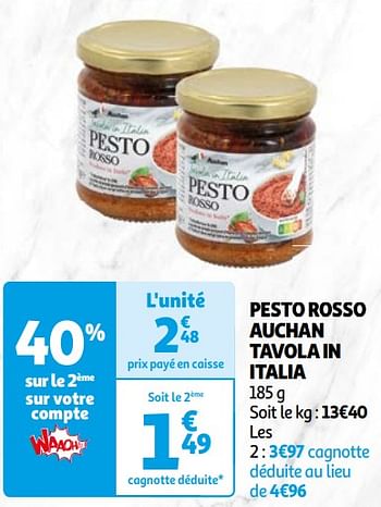 Promoties Pesto rosso auchan tavola in italia - Huismerk - Auchan - Geldig van 16/04/2024 tot 22/04/2024 bij Auchan