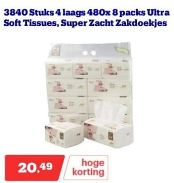 Promotions 3840 stuks 4 laags 480x 8 packs ultra soft tissues super zacht zakdoekjes - Produit Maison - Bol.com - Valide de 15/04/2024 à 21/04/2024 chez Bol.com