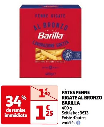 Promoties Pâtes penne rigate al bronzo barilla - Barilla - Geldig van 16/04/2024 tot 22/04/2024 bij Auchan