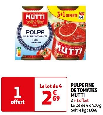 Promoties Pulpe fine de tomates mutti - Mutti - Geldig van 16/04/2024 tot 22/04/2024 bij Auchan