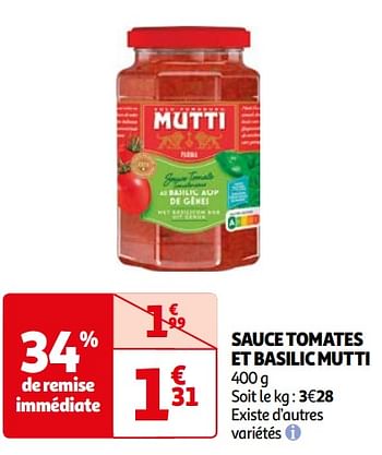 Promoties Sauce tomates et basilic mutti - Mutti - Geldig van 16/04/2024 tot 22/04/2024 bij Auchan