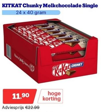 Promotions Kitkat chunky melkchocolade single - Nestlé - Valide de 15/04/2024 à 21/04/2024 chez Bol.com