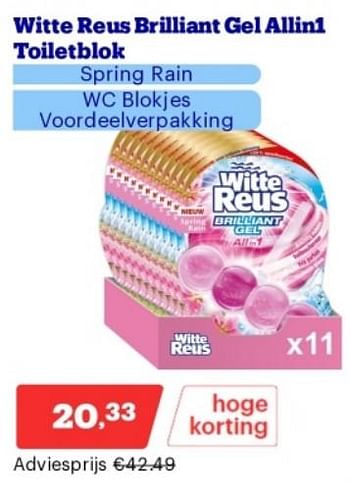 Promotions Witte reus brilliant gel all in 1 toiletblok spring rain - Witte reus - Valide de 15/04/2024 à 21/04/2024 chez Bol.com