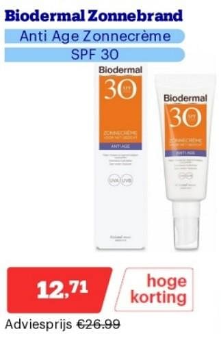Promoties Biodermal zonnebrand anti age zonnecrème spf 30 - Biodermal - Geldig van 15/04/2024 tot 21/04/2024 bij Bol.com