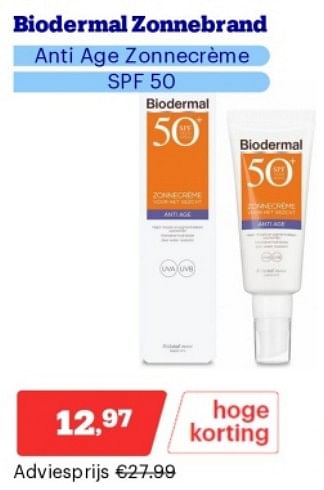 Promoties Biodermal zonnebrand anti age zonnecrème spf 50 - Biodermal - Geldig van 15/04/2024 tot 21/04/2024 bij Bol.com