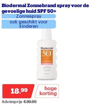 Promotions Biodermal zonnebrand spray voor de gevoelige huid spf 50+ - Biodermal - Valide de 15/04/2024 à 21/04/2024 chez Bol.com