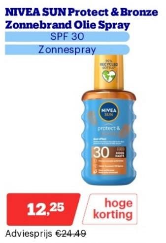 Promoties Nivea sun protect + bronze zonnebrand olie spray spf 30 - Nivea - Geldig van 15/04/2024 tot 21/04/2024 bij Bol.com