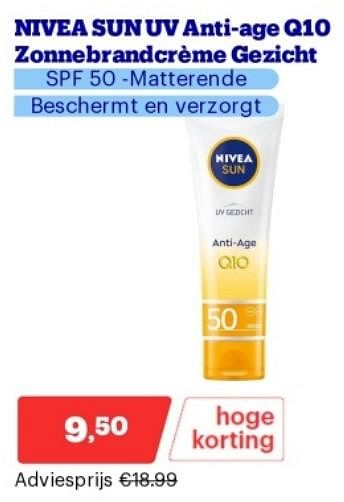 Promoties Nivea sun uv anti age q10 zonnebrandcréme gezicht spf 50 - Nivea - Geldig van 15/04/2024 tot 21/04/2024 bij Bol.com