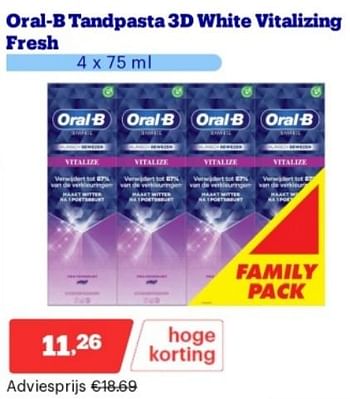 Promotions Oral-b tandpasta 3d white vitalizing fresh - Oral-B - Valide de 15/04/2024 à 21/04/2024 chez Bol.com