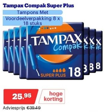 Promotions Tampax compak super plus - Tampax - Valide de 15/04/2024 à 21/04/2024 chez Bol.com