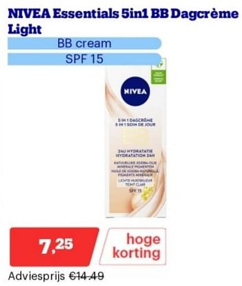 Promoties Nivea essentials 5in1 bb dagcréme light - Nivea - Geldig van 15/04/2024 tot 21/04/2024 bij Bol.com