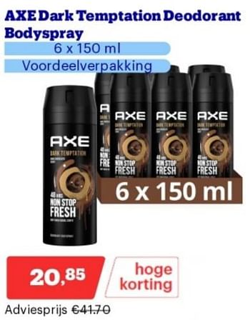Promotions Axe dark temptation deodorant bodyspray - Axe - Valide de 15/04/2024 à 21/04/2024 chez Bol.com