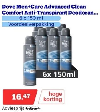 Promotions Dove men+care advanced clean comfort anti transpirant deodoran - Dove - Valide de 15/04/2024 à 21/04/2024 chez Bol.com