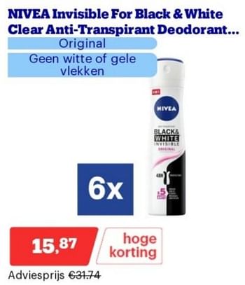 Promoties Nivea invisible for black + white clear anti transpirant deodorant - Nivea - Geldig van 15/04/2024 tot 21/04/2024 bij Bol.com