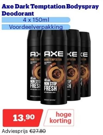 Promotions Axe dark temptation bodyspray deodorant - Axe - Valide de 15/04/2024 à 21/04/2024 chez Bol.com