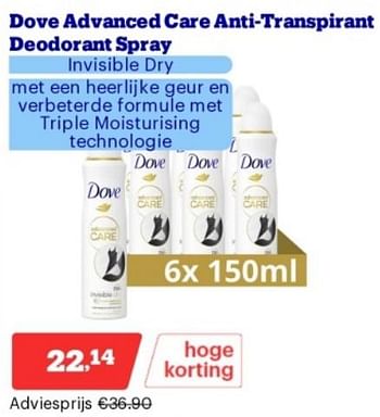 Promotions Dove advanced care anti transpirant deodorant spray - Dove - Valide de 15/04/2024 à 21/04/2024 chez Bol.com