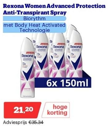 Promoties Rexona women advanced protection anti-transpirant spray - Rexona - Geldig van 15/04/2024 tot 21/04/2024 bij Bol.com