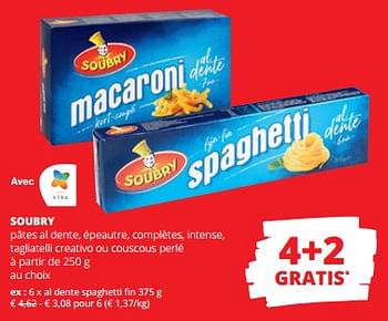 Promotions Al dente spaghetti fin - Soubry - Valide de 11/04/2024 à 24/04/2024 chez Spar (Colruytgroup)