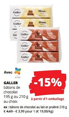 Promoties Bâtons de chocolat au lait et praliné - Galler - Geldig van 11/04/2024 tot 24/04/2024 bij Spar (Colruytgroup)