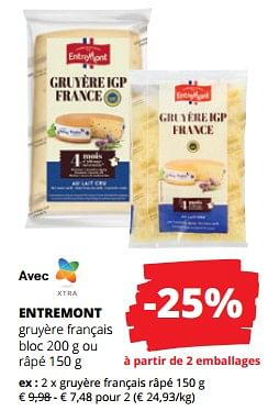 Promotions Gruyère français râpé - Entre Mont - Valide de 11/04/2024 à 24/04/2024 chez Spar (Colruytgroup)