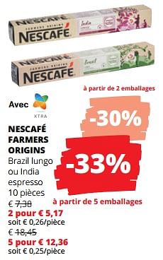Promotions Nescafé farmers origins brazil lungo ou india espresso - Nescafe - Valide de 11/04/2024 à 24/04/2024 chez Spar (Colruytgroup)