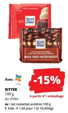 Promoties Ritter lait noisettes entières - Ritter Sport - Geldig van 11/04/2024 tot 24/04/2024 bij Spar (Colruytgroup)