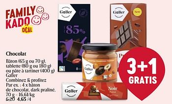 Promotions Bâton de chocolat, dark praliné - Galler - Valide de 18/04/2024 à 24/04/2024 chez Delhaize