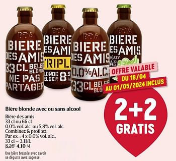 Promoties Bière blonde avec ou sans alcool - Bière Des Amis - Geldig van 18/04/2024 tot 24/04/2024 bij Delhaize
