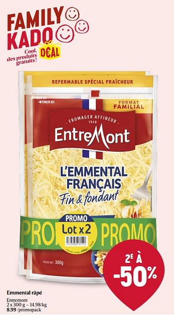 Promoties Emmental râpé entremont - Entre Mont - Geldig van 18/04/2024 tot 24/04/2024 bij Delhaize