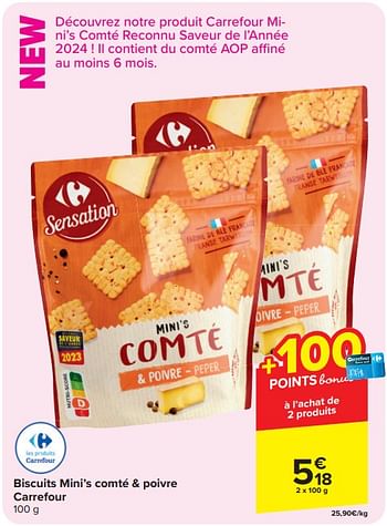 Promotions Biscuits mini’s comté + poivre carrefour - Produit maison - Carrefour  - Valide de 17/04/2024 à 29/04/2024 chez Carrefour
