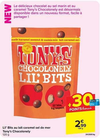 Promoties Lil’ bits au lait caramel sel de mer tony’s chocolonely - Tony's Chocolonely - Geldig van 17/04/2024 tot 29/04/2024 bij Carrefour