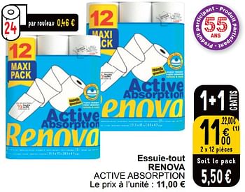 Promoties Essuie-tout renova active absorption - Renova - Geldig van 16/04/2024 tot 22/04/2024 bij Cora