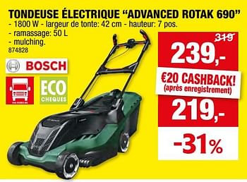 Promoties Bosch tondeuse électrique advanced rotak 690 - Bosch - Geldig van 17/04/2024 tot 28/04/2024 bij Hubo
