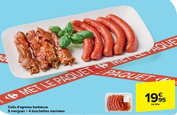 Promoties Colis d’agneau barbecue 5 merguez + 4 brochettes marinées - Huismerk - Carrefour  - Geldig van 17/04/2024 tot 29/04/2024 bij Carrefour