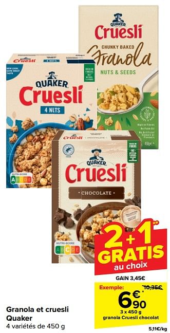 Promoties Granola cruesli chocolat - Quaker - Geldig van 17/04/2024 tot 29/04/2024 bij Carrefour